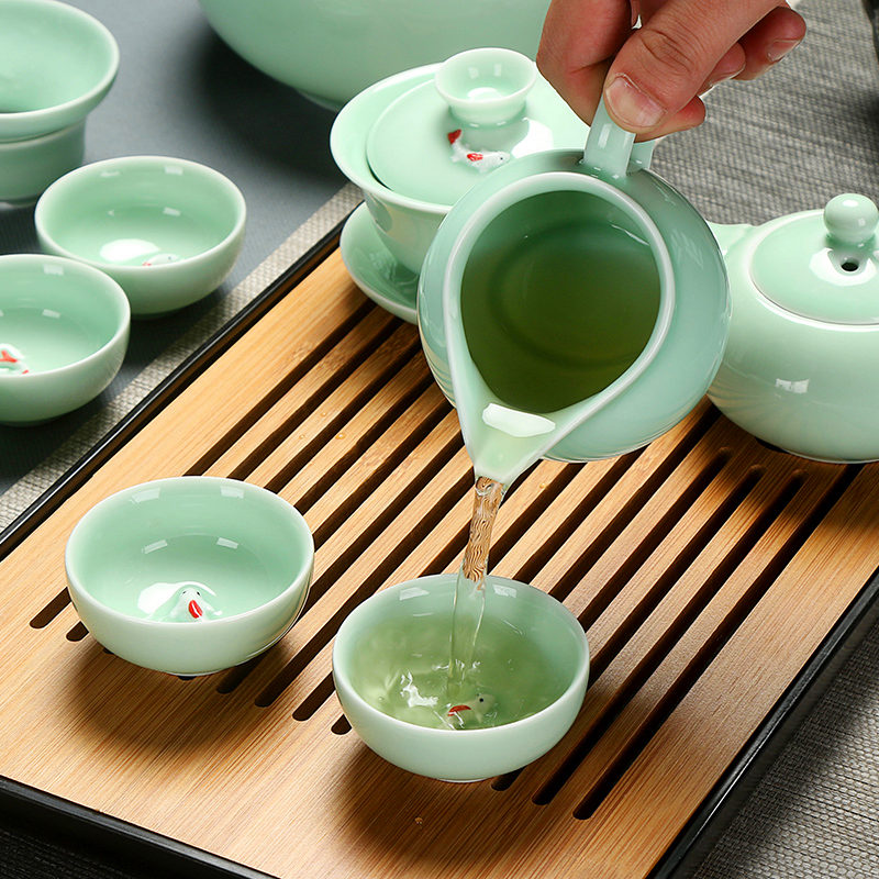 T celadon kung fu tea set home office ceramic carp tureen teapot tea cups to wash to the whole set of ground