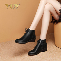 Black leather boots Women spring and autumn 2021 new single boots comfortable soft leather soft bottom thick heel lace-up womens shoes