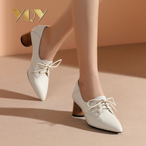 Single shoes womens coarse heel leather shoes 2021 Spring and Autumn New pointed Middle heel deep mouth elegant white leather lace womens shoes