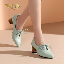 Coarse heel single shoes womens 2021 autumn new deep mouth leather shoes Joker leather womens shoes lace-up soft leather pointed shoes children