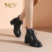 Leather boots female heels Joker thick bottom Martin boots female rough heel 2021 new autumn winter boots female Black
