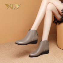 Thick-soled boots children 2021 New slope heel soft bottom leather boots women Joker round head thick heel short boots women autumn and winter