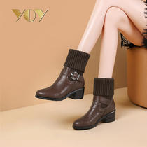 Mid-boot women 2021 autumn and winter New thick with Martin boots Joker leather wool tube plus velvet warm women boots