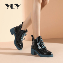 Coarse Martin Boots Women 2021 New Boots Women High Heels Joker Patent Leather Round Boots Women Autumn and Winter Short Boots