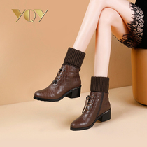 2021 autumn and winter New knitted stretch boots thick heel thick-soled Martin boots plus velvet warm mid-boot womens short boots