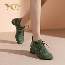 Square head short boots women 2021 New lace-up soft sole leather boots leather middle heel thick heel Martin boots women Spring and Autumn single boots