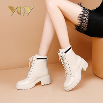Boots women autumn and winter 2021 new white leather boots thick heel heels lace thick-soled Martin boots women