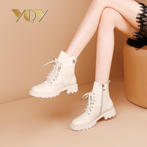 Martin Boots Female English Short Boots 2021 Autumn and Winter New Fashion White True Cowhide Thick Round Head Women Boots