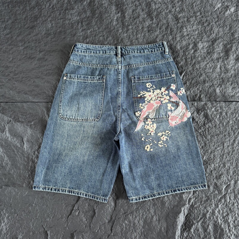 Derschutze Embroidered Floral Denim Shorts for Men and Women, Summer Loose-Fitting Knee-Length Shorts, Trendy and Casual Pants Derschutze Embroidered Floral Denim Shorts for Men and Women, Summer Loose-Fitting Knee-Length Shorts, Trendy and Casual Pants