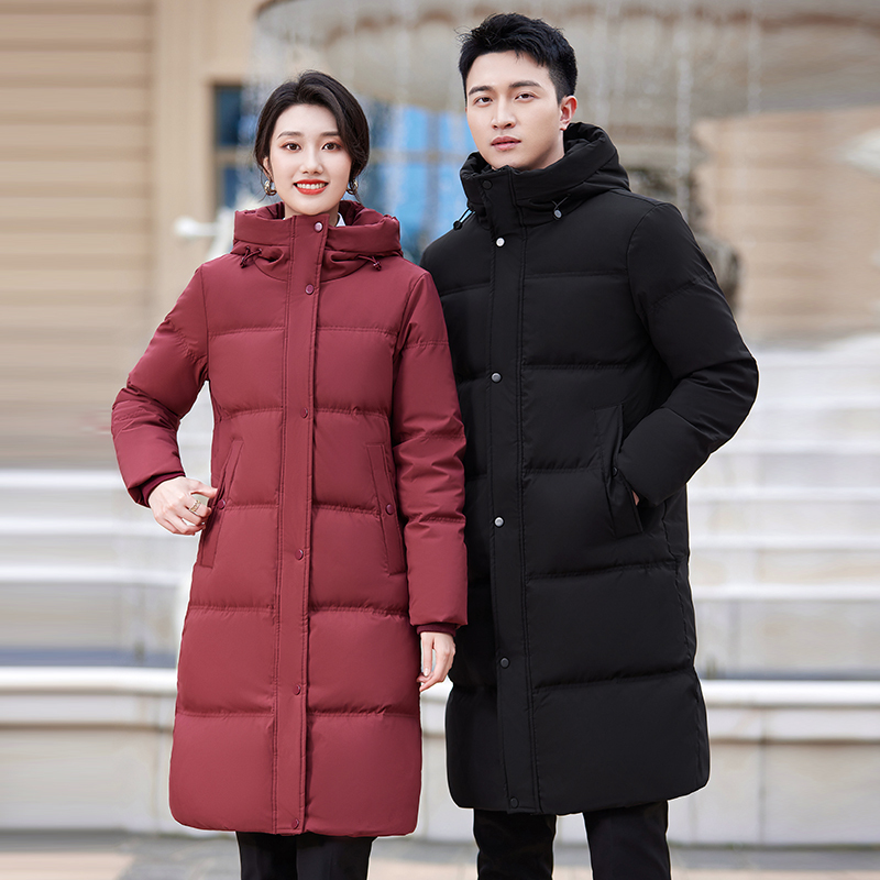 Professional Workwear Thickened White Duck down Jacket for Men and Women, Mid-Length, Warm Outdoor Work Uniform, Black and Burgundy, Winter