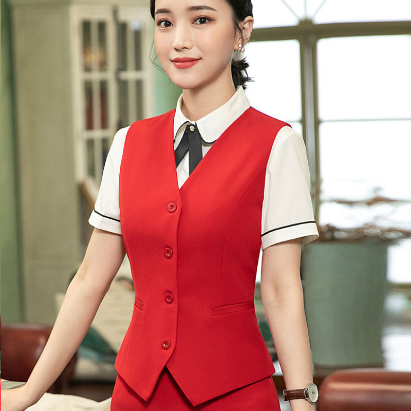 Women's Suit Vest Hotel Front Desk Work Uniform Professional Attire Bright Red Black Vest Suit Workwear Vest Can Be Embroidered with Logo