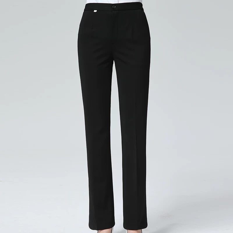 Black elastic fitted trousers for work, loose straight fit, high waist, elastic waist