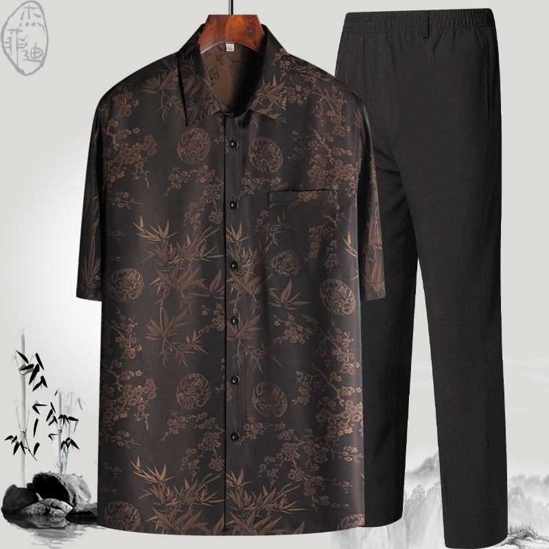New Summer Men's Dad Shirt Short-Sleeved Satin Shirt Men's Chinese Style Tang Suit Silk Top Middle-Aged and Elderly Grandpa