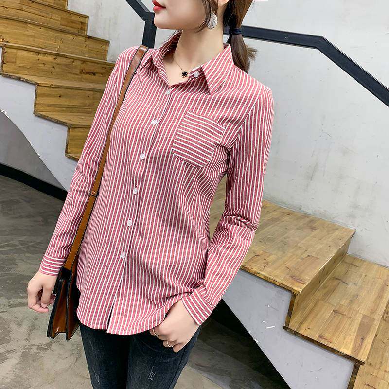 Shirt women's 2020 new spring dress Korean version of Joker long sleeve vertical stripe shirt top slim cotton foreign style