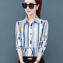 2020 new spring striped chiffon shirt women long sleeve loose Korean shirt top Mother foreign style print