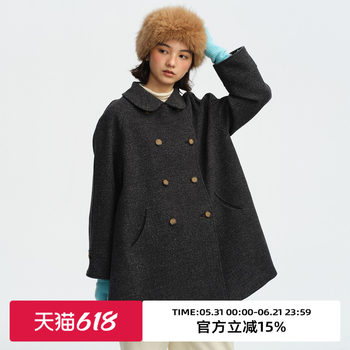 Omont egg tart wool sheep blended retro doll collar double-breasted woolen coat 2025 ເສື້ອຄຸມຍາວກາງລະດູໜາວ