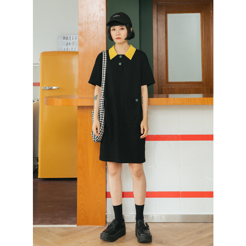 omont egg tart home retro loose cotton high waist dress schoolgirl short sleeve polo skirt long summer