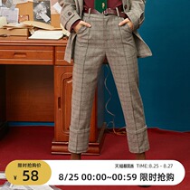  Omont egg tarts retro high waist thin plaid woolen pants womens straight casual nine-point pants early autumn new