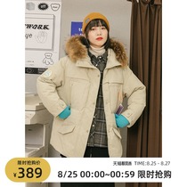  omont egg tart home retro slim-fit detachable wool collar hooded down jacket womens mid-length thickened coat winter