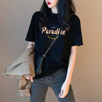 SANDRO MOSCOLONI2022 summer style round collar Korean version printed casual short sleeve black t-shirt loose wins