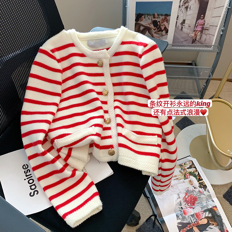 SANDRO MOSCOLONI2022 New Spring Female Clothing Red and White Strip Lazy Wind Knitted Sweater