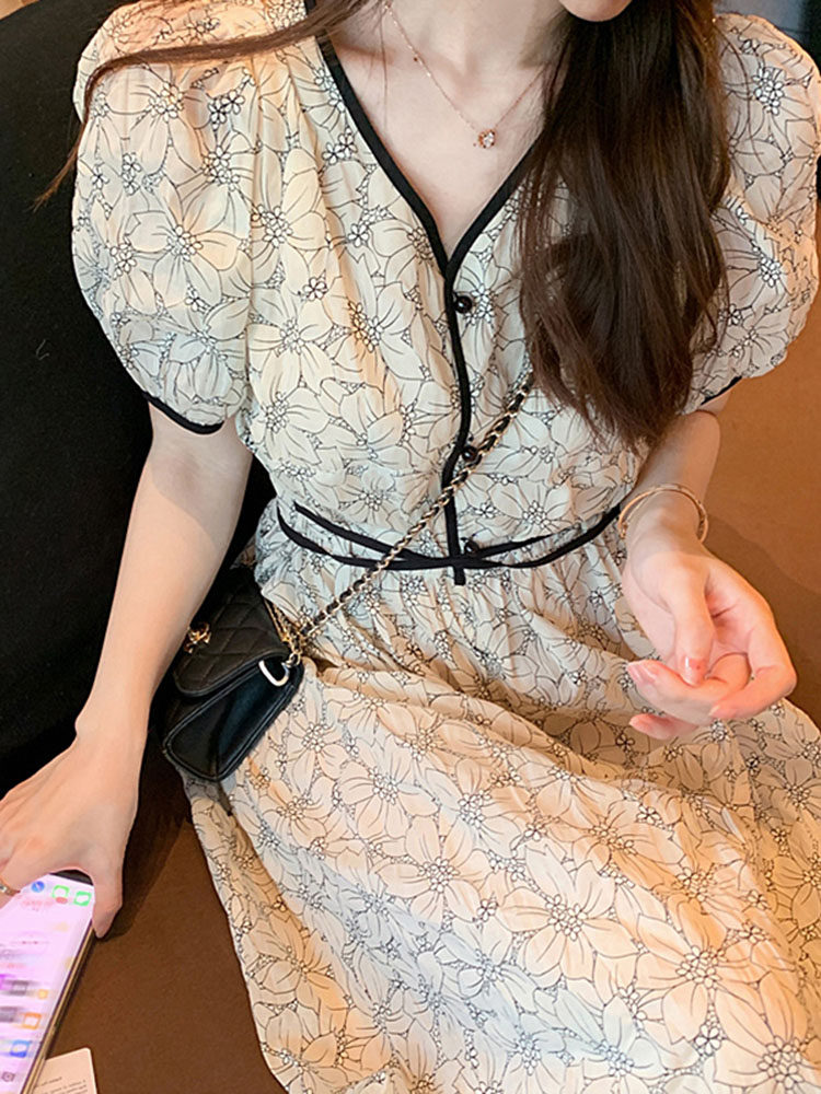 Sandro Moscoloni 2023 summer French soft wind dress to waist V bubble sleeve dress