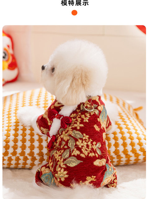 Spring Festival Festive Dog Clothes for Small Dogs, Teddy Winter Warm Tang Suit for New Year Celebrations, Suitable for Outdoor Use with Leash, Four-Legged Cotton Coat