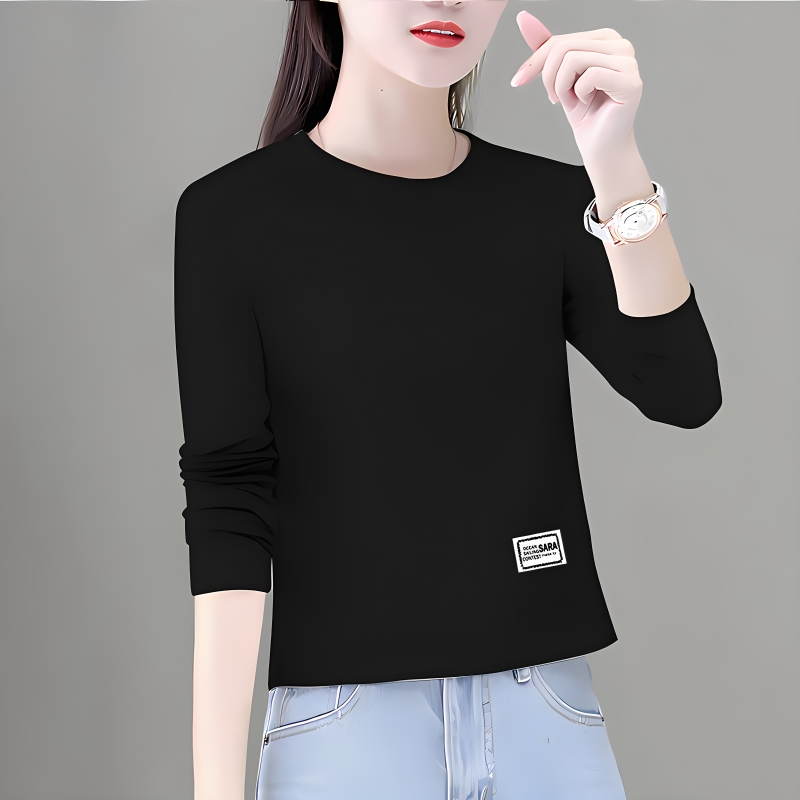 100% Pure Cotton Long-Sleeved T-Shirt for Women, New Autumn Style, Loose Fit, Short Length for Petite Figures, Printed Top, Round Neck Base Shirt ins