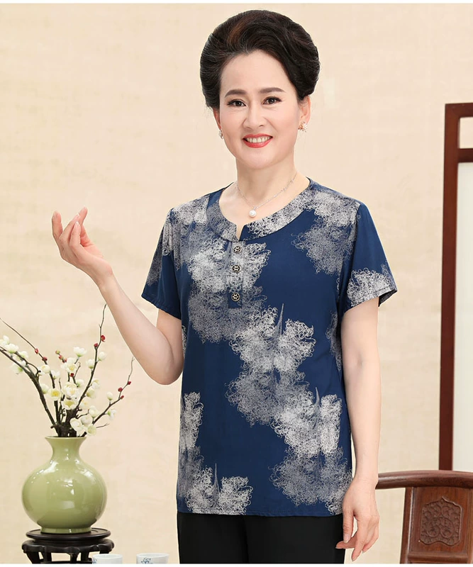 Áo sơ mi nữ trung niên và cao tuổi mùa hè mỏng mẹ áo thun cotton ngắn tay 60-70 tuổi 80 áo sữa mẹ cotton - Quần áo của mẹ