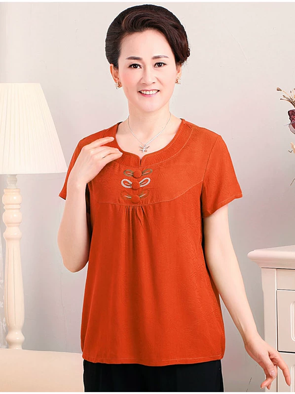 Áo thun cotton ngắn tay cho bé gái phần mỏng mùa hè trung niên quần áo nữ 50-60 tuổi 70 áo khoác bà ngoại cotton - Phụ nữ cao cấp