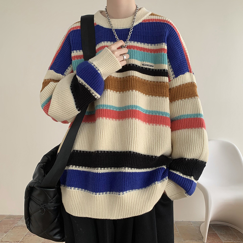 2026 New Sweater for Men, Autumn and Winter Knitwear Jacket, Casual Loose Striped Base Layer for Boys, Couples, and Teenagers