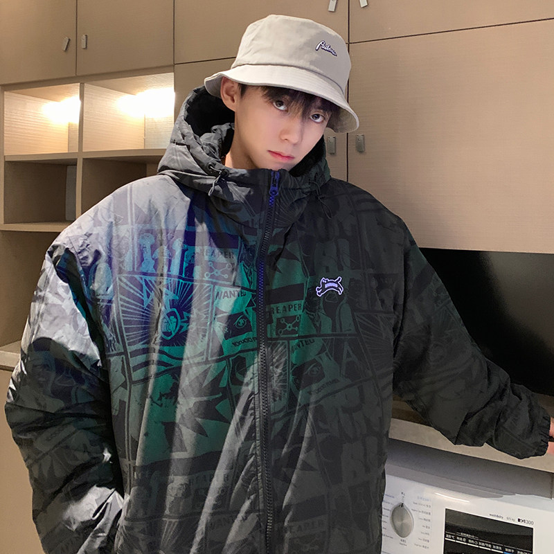 夜光满印连帽棉服外套男士冬季设计感美式潮牌加厚保暖情侣款棉衣 3