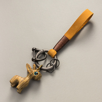 Car leather hand rope keychain chain pendant sandalwood deer couple creative simple schoolbag pendant gift￥