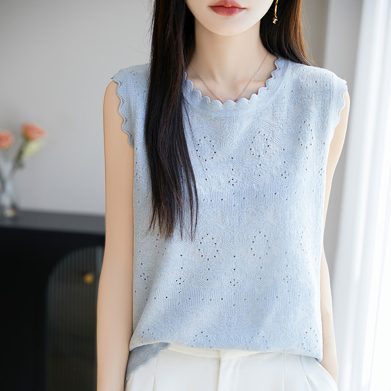 Summer Ultra-Fine Worsted Wool Knitted Camisole Women's Lace Round Neck Cut Out Sleeveless Thin T-Shirt for Outer Wear