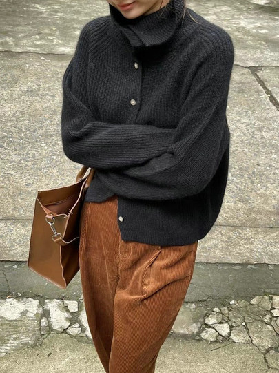 Autumn high-neck cardigan women's pure cashmere sweater European high-end loose thick line thickened autumn and winter base sweater jacket