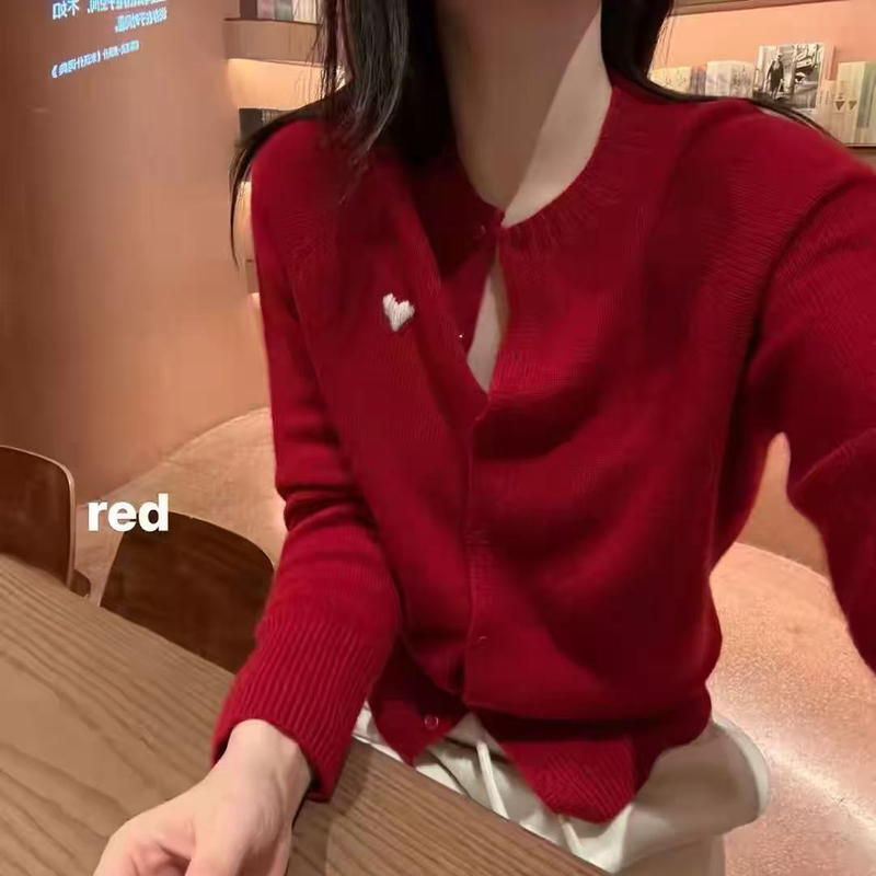 European Goods/Red Heart Embroidered Cardigan for Women 100% Pure Wool Sweater Autumn and Winter Cashmere Soft Knitted Sweater Coat