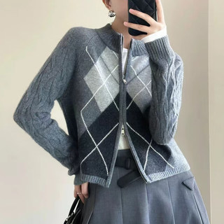 2025 Autumn Color-Block Diamond Zipper Cardigan Women's Pure Cashmere Sweater European Style Cable Knit Thick Autumn/Winter Sweater Coat