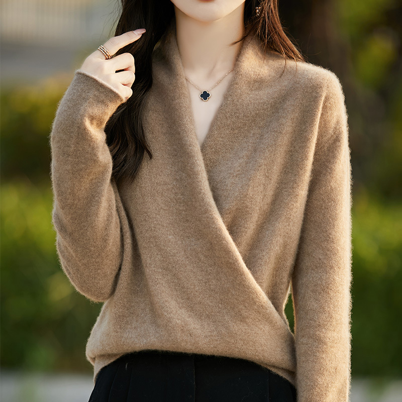 Autumn Cross V-Neck 100% Pure Cashmere Sweater for Women, High-End Kimono Collar, New Chinese Style Early Autumn Knitted Base Sweater