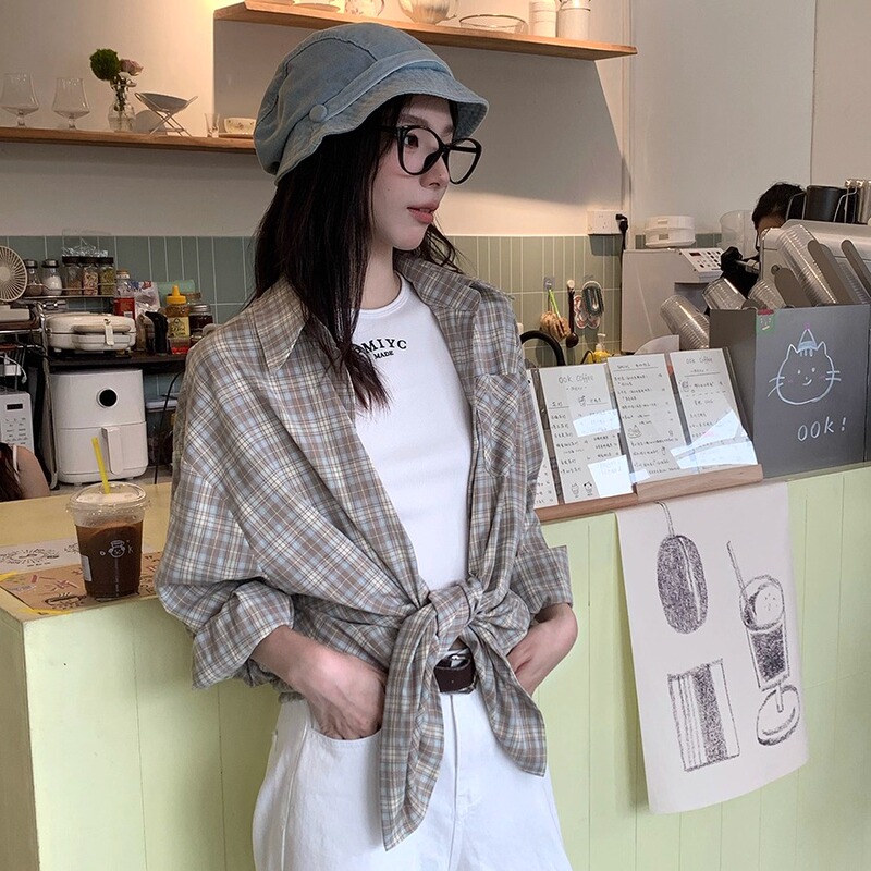 Pmiyc Autumn Khaki Plaid Shirt Loose Fashionable Lazy Style Long Sleeve Turn-Down Collar Vintage Shirt Top for Women