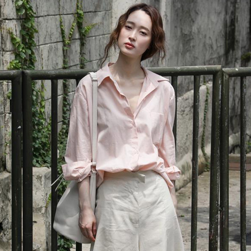Spring and Autumn Gentle Style Pure Cotton Shirt for Women, Korean Version, Versatile Pink Loose Fit, Solid Color Casual Age-Reducing Layered Shirt