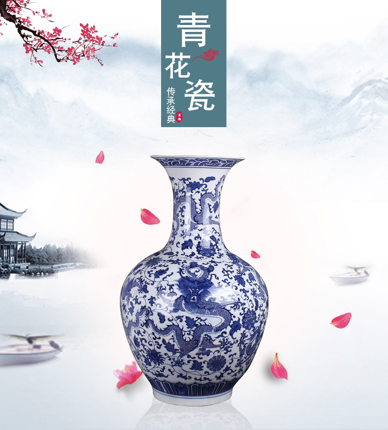 Jingdezhen blue and white porcelain dragon large ground ceramic vases, modern living room home furnishing articles creative arts and crafts