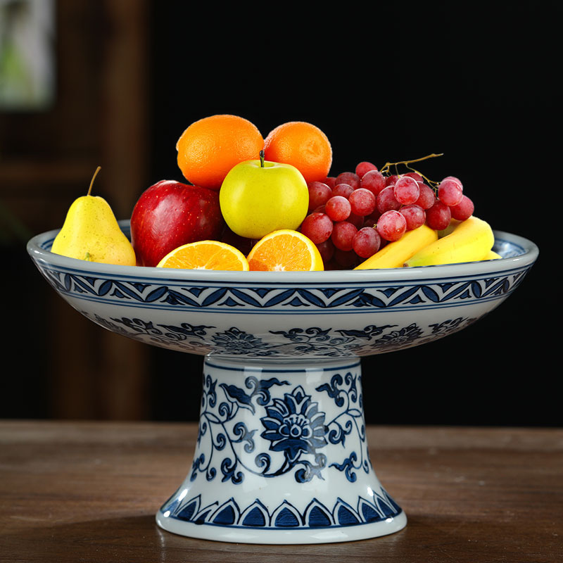 Jingdezhen ceramic glaze color blue and white porcelain under high fruit bowl dessert plate creative home fruit basket of food for the plate