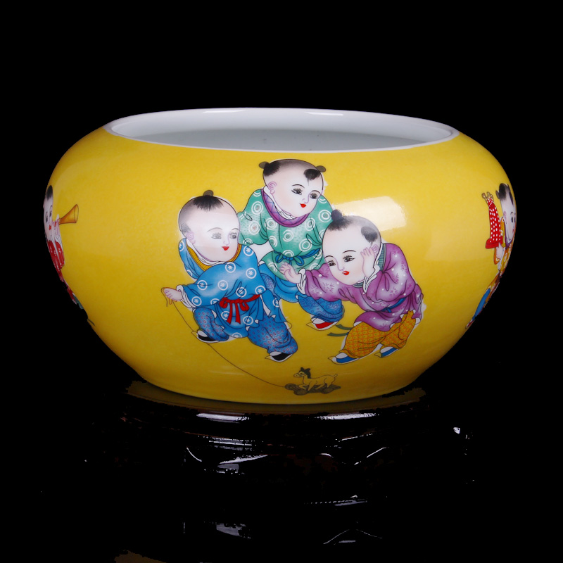 Jingdezhen ceramics yellow glaze the lad goldfish turtle cylinder shallow modern home sitting room handicraft furnishing articles