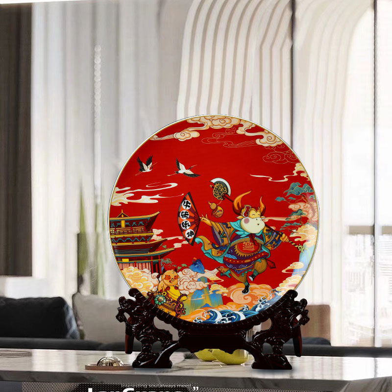 Jingdezhen ceramics NiuTu wring Chinese hang dish sat dish wine porch sitting room place decoration plate