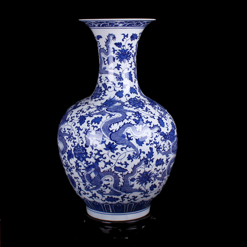 Jingdezhen blue and white porcelain dragon large ground ceramic vases, modern living room home furnishing articles creative arts and crafts