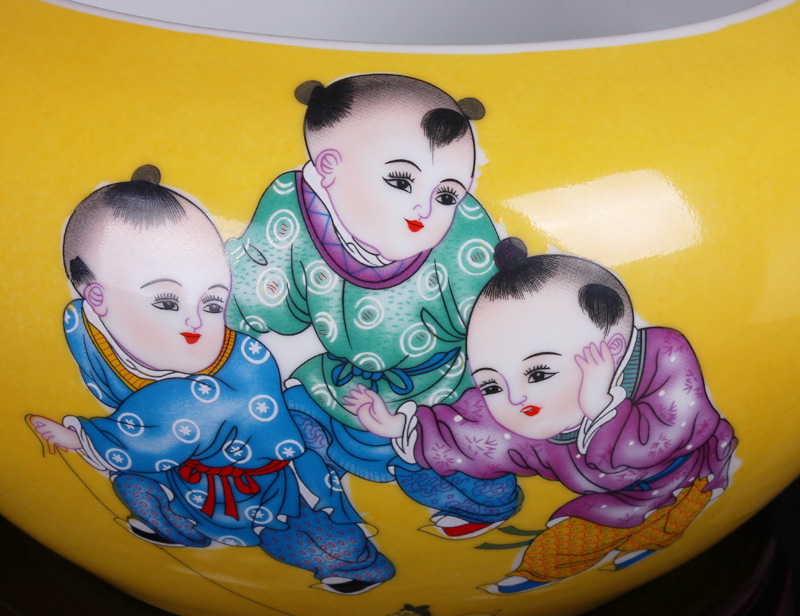 Jingdezhen ceramics yellow glaze the lad goldfish turtle cylinder shallow modern home sitting room handicraft furnishing articles
