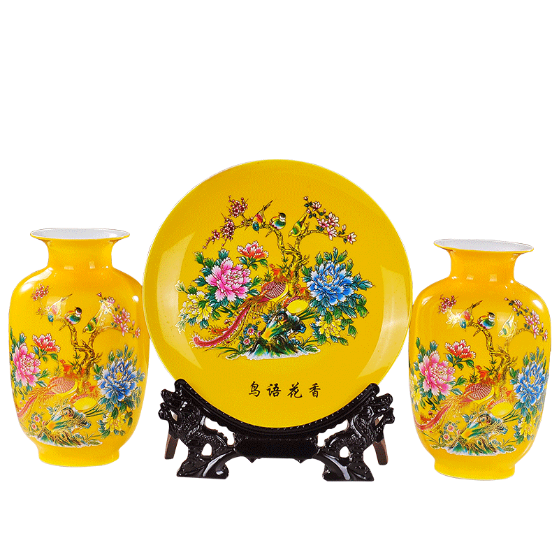 Jingdezhen ceramics glaze yellow crystal three - piece suit modern fashion vase plates home handicraft furnishing articles