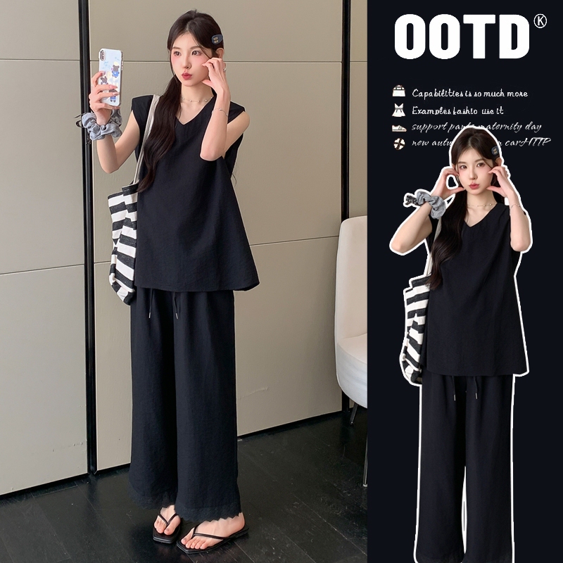 Loose Summer Maternity Sleeveless Top with Black Comfortable Wide-Leg Pants Set 2025 Women's Casual Mix and Match Loose Summer Maternity Sleeveless Top with Black Comfortable Wide-Leg Pants Set 2025 Women's Casual Mix and Match