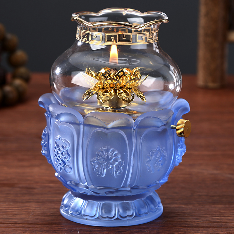 Xi Mantivo front oil lamp glass hood windproof dimming liquid ghetto oil lamp 8 auspicious Suoil lamp Buddha lamp crisp oil lamp