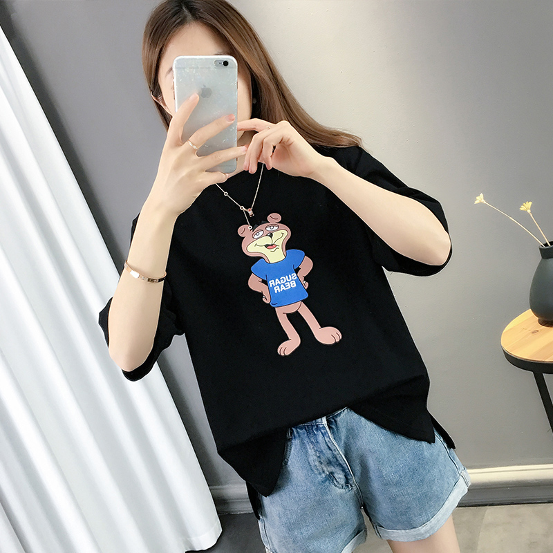 Trung dài t-shirt nữ 2020 mùa hè mới thấy gấu mỏng in siêu bắn ngã ba-top loose-fitting trong triều saper